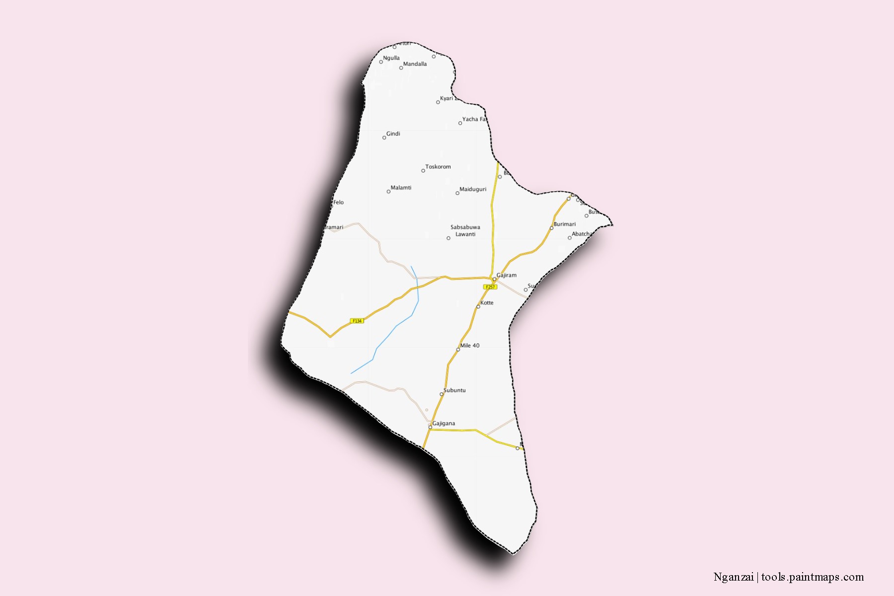 Mapa de barrios y pueblos de Nganzai con efecto de sombra 3D