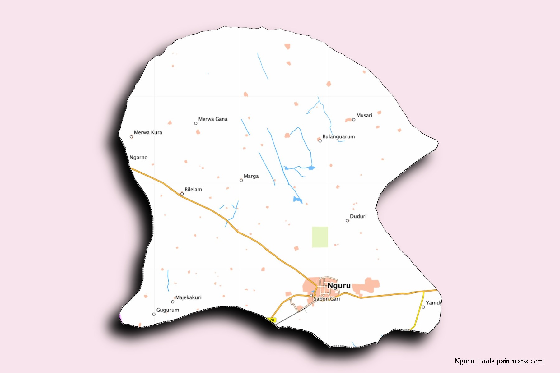 Nguru neighborhoods and villages map with 3D shadow effect