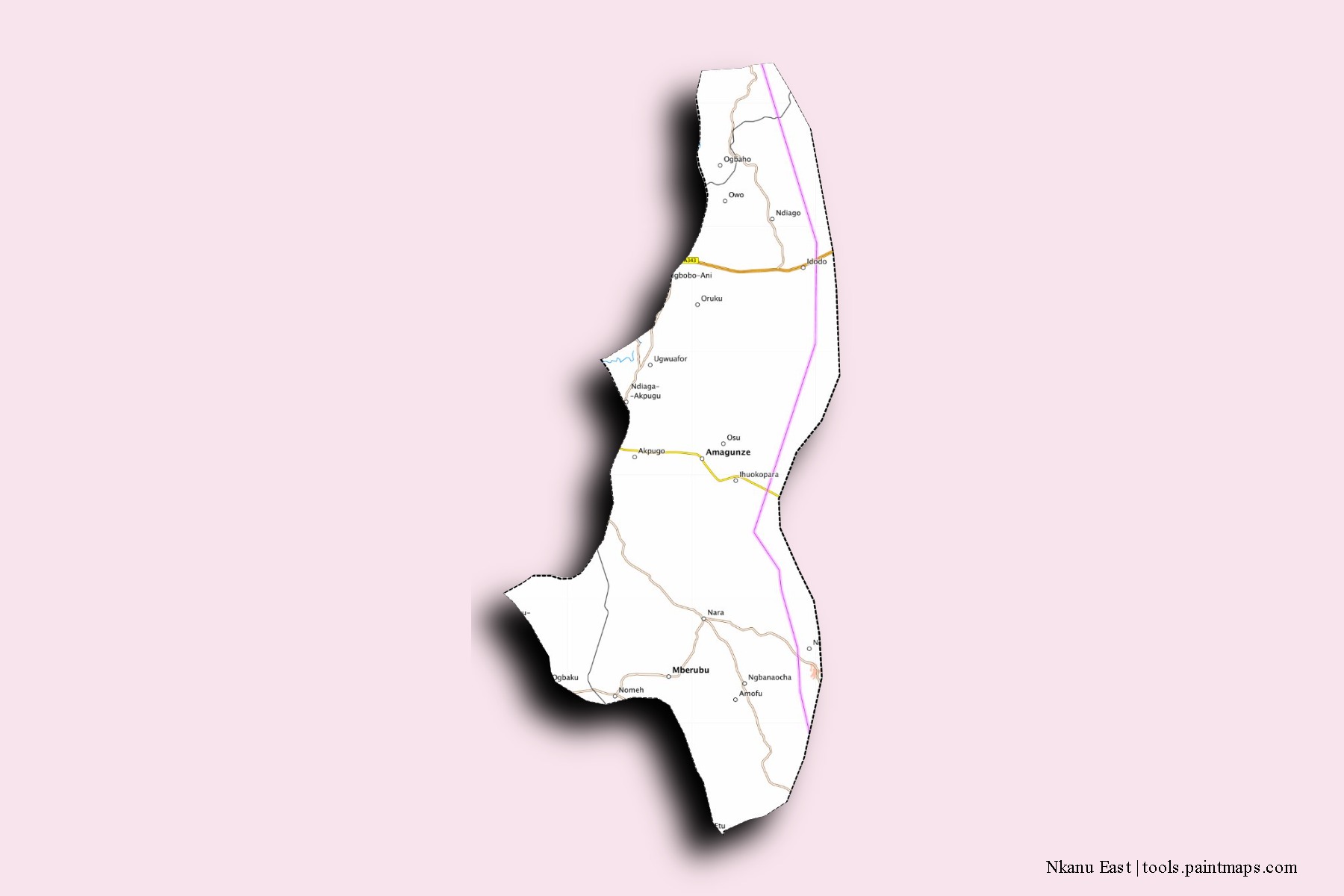 Nkanu East neighborhoods and villages map with 3D shadow effect