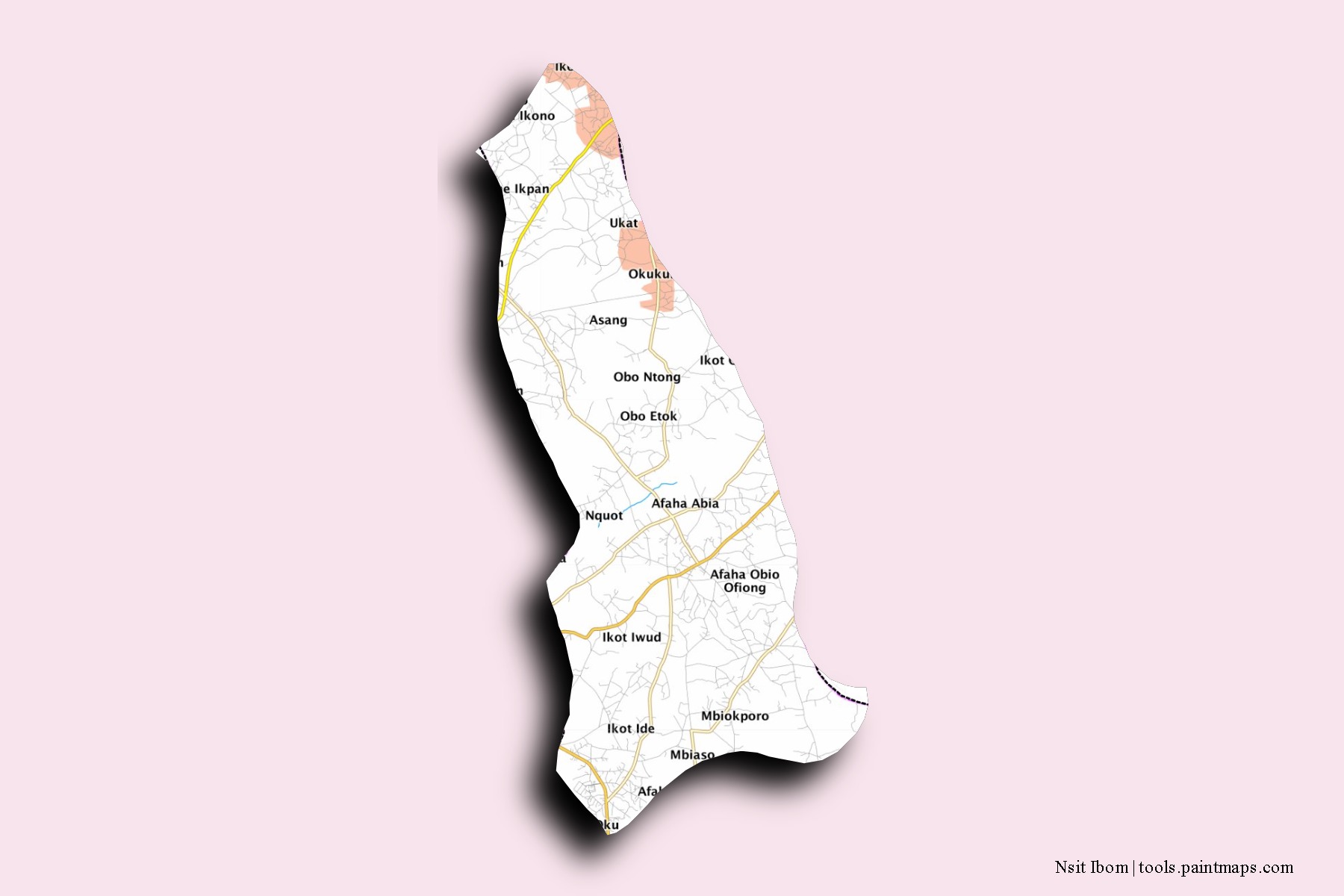 Mapa de barrios y pueblos de Nsit Ibom con efecto de sombra 3D