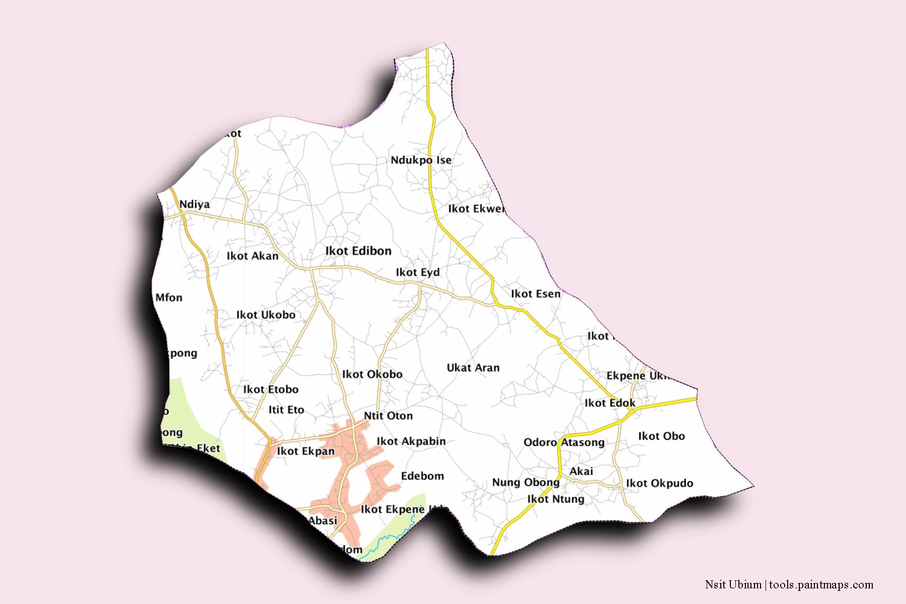 Nsit Ubium neighborhoods and villages map with 3D shadow effect