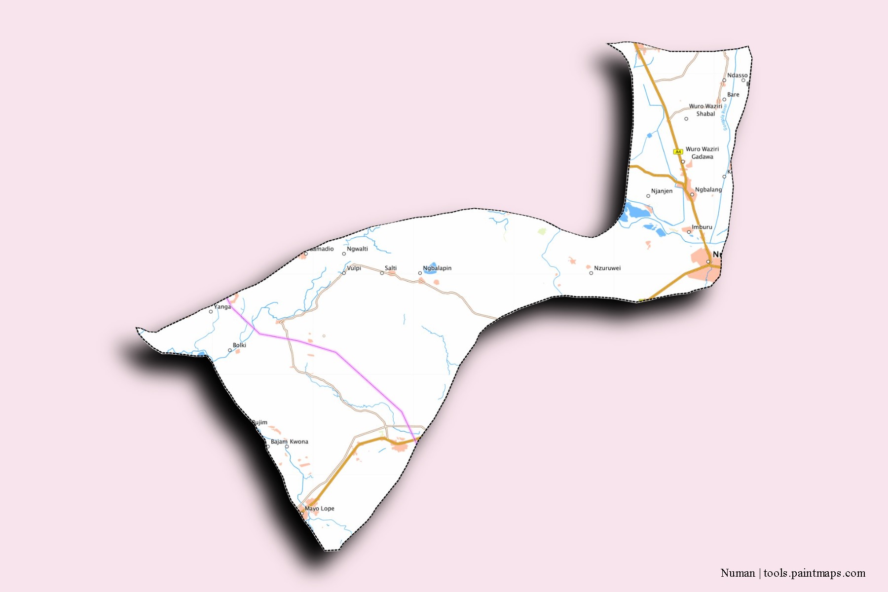 Numan neighborhoods and villages map with 3D shadow effect