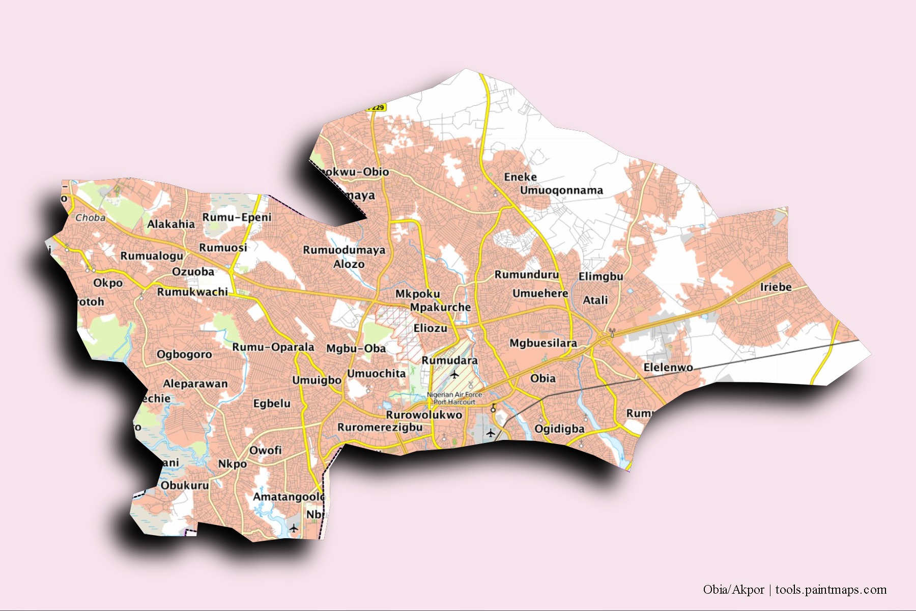 Obio/Akpor neighborhoods and villages map with 3D shadow effect