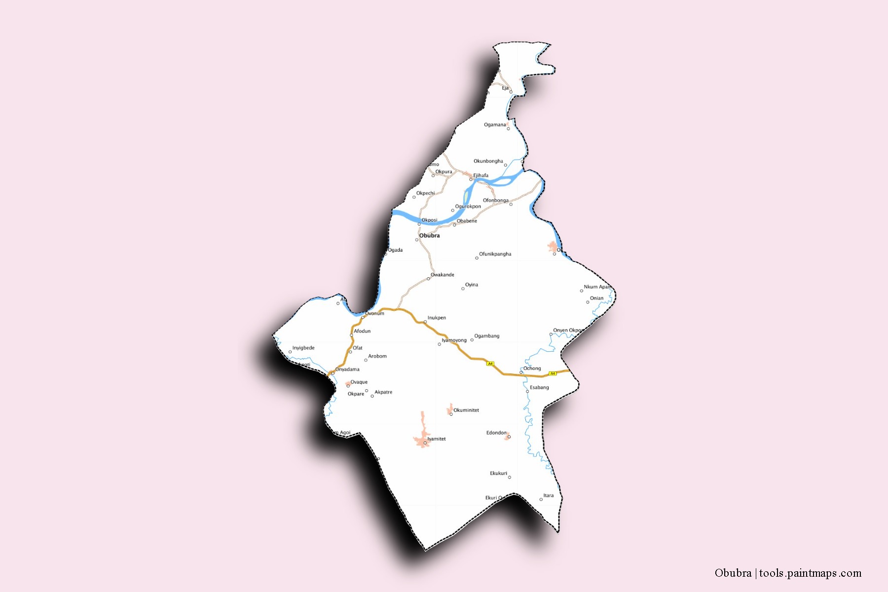 Mapa de barrios y pueblos de Obubra con efecto de sombra 3D