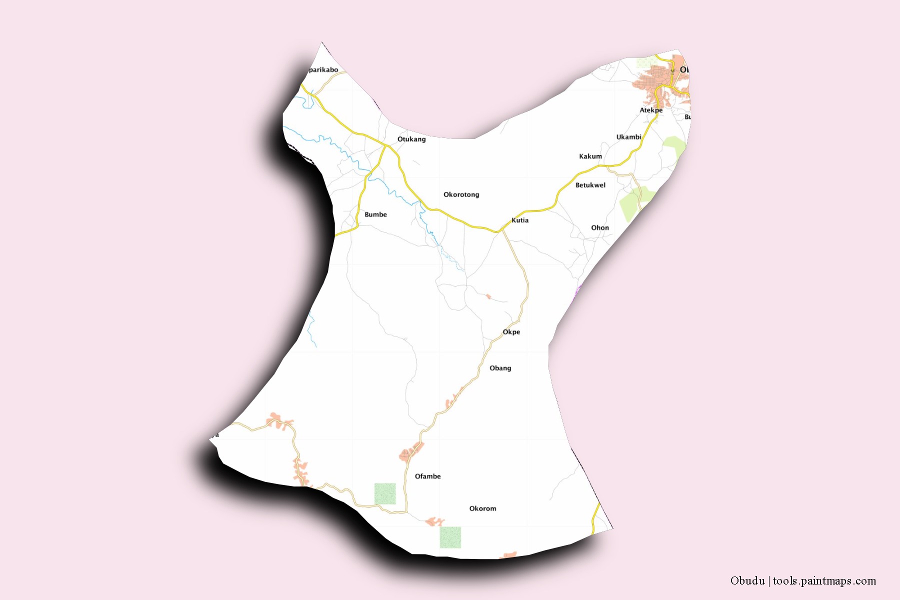 Obudu neighborhoods and villages map with 3D shadow effect