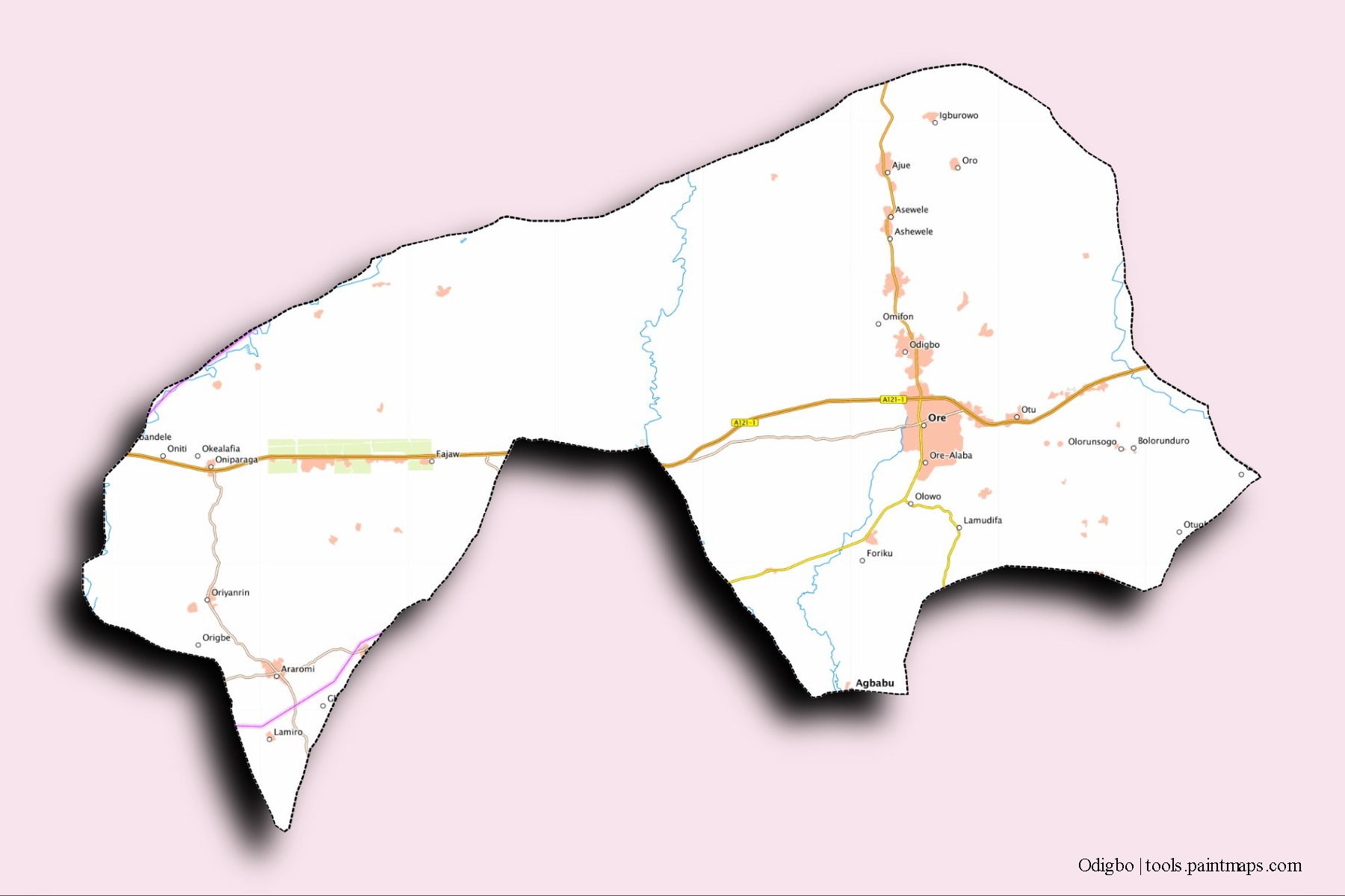 Odigbo neighborhoods and villages map with 3D shadow effect