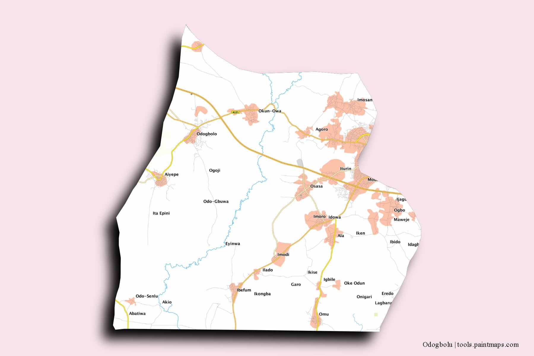 Odogbolu neighborhoods and villages map with 3D shadow effect