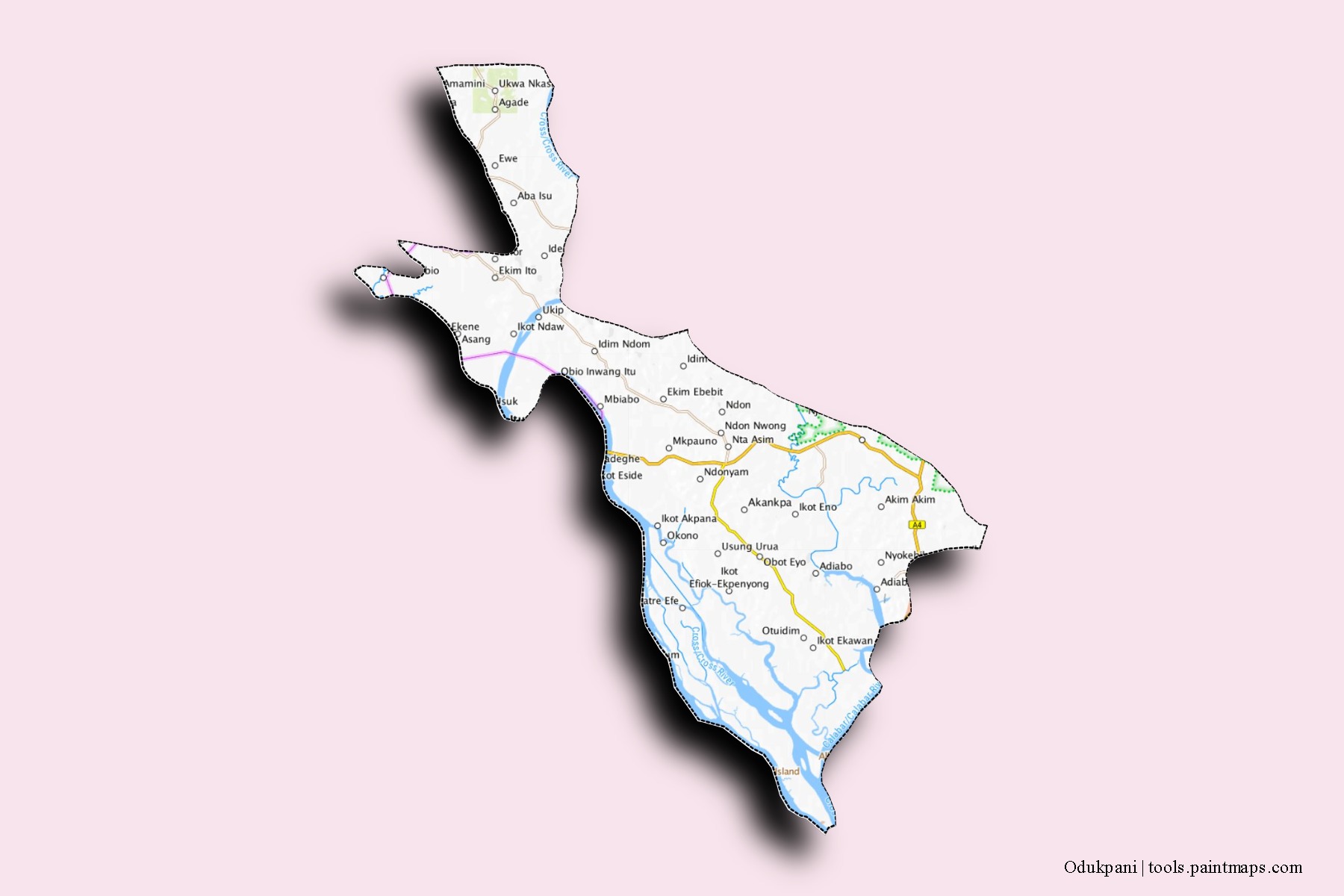 Mapa de barrios y pueblos de Odukpani con efecto de sombra 3D