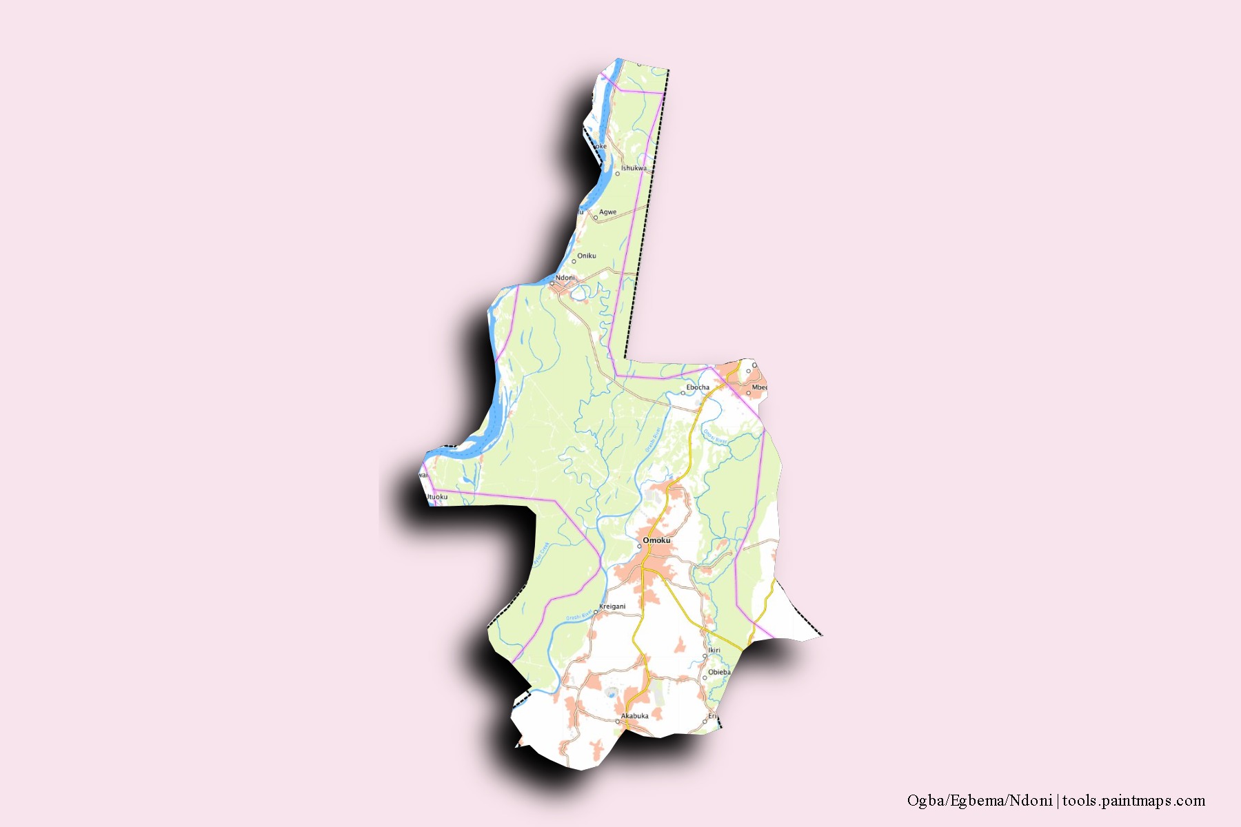 Mapa de barrios y pueblos de Ogba/Egbema/Ndoni con efecto de sombra 3D