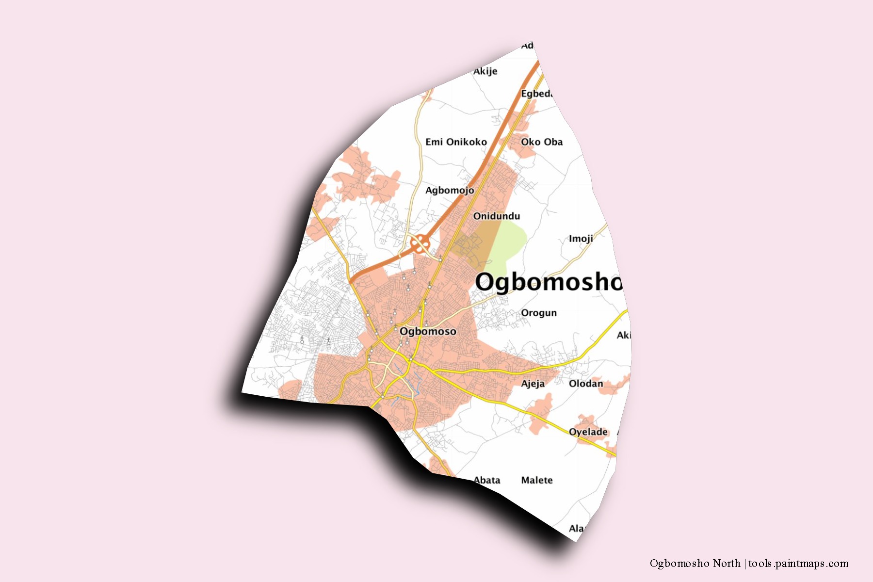 Ogbomosho North neighborhoods and villages map with 3D shadow effect