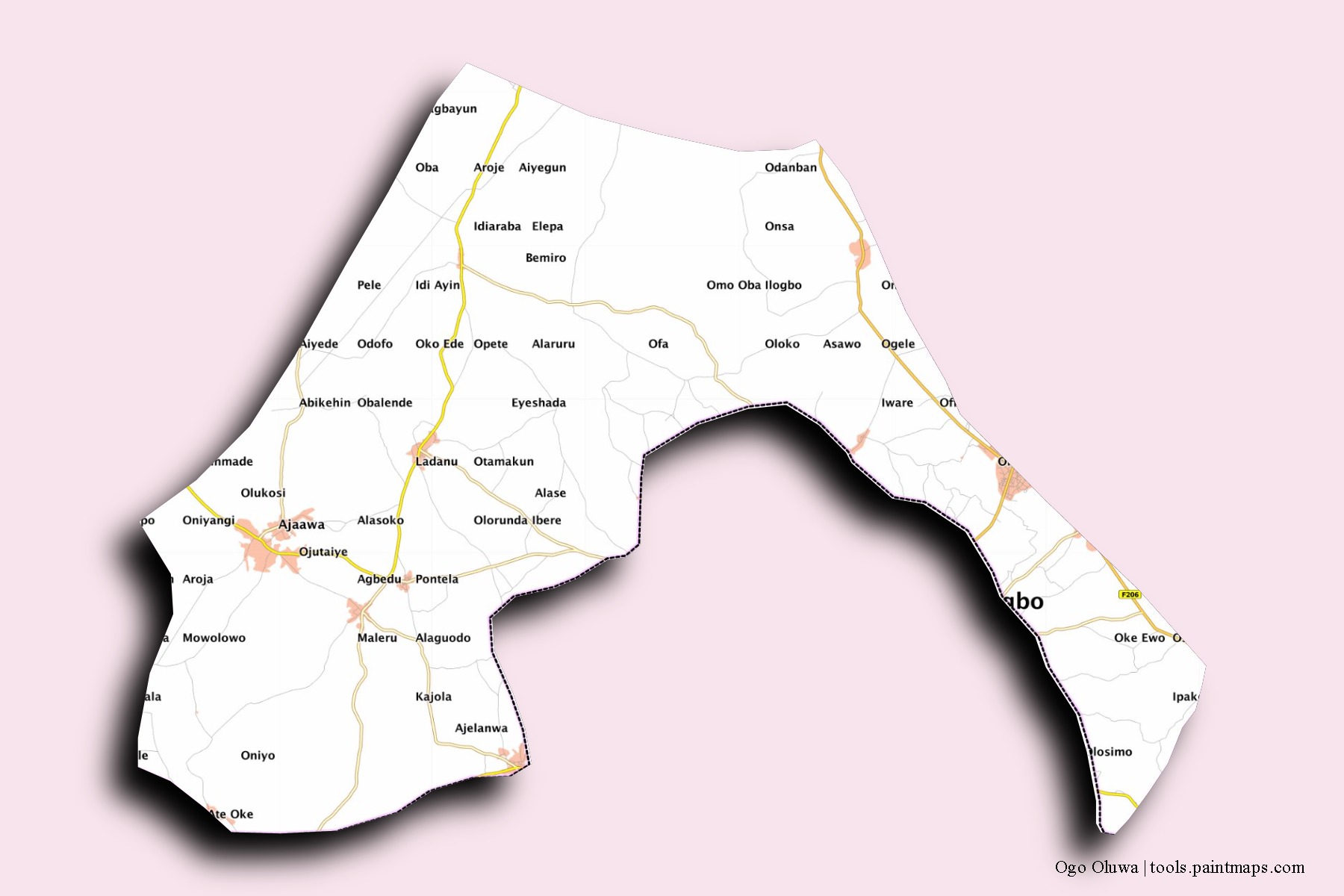 Mapa de barrios y pueblos de Ogo Oluwa con efecto de sombra 3D