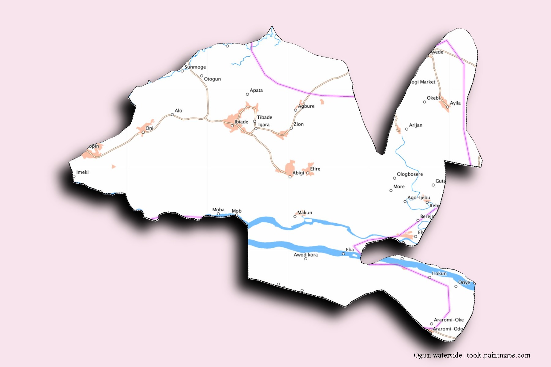 3D gölge efektli Ogun waterside mahalleleri ve köyleri haritası