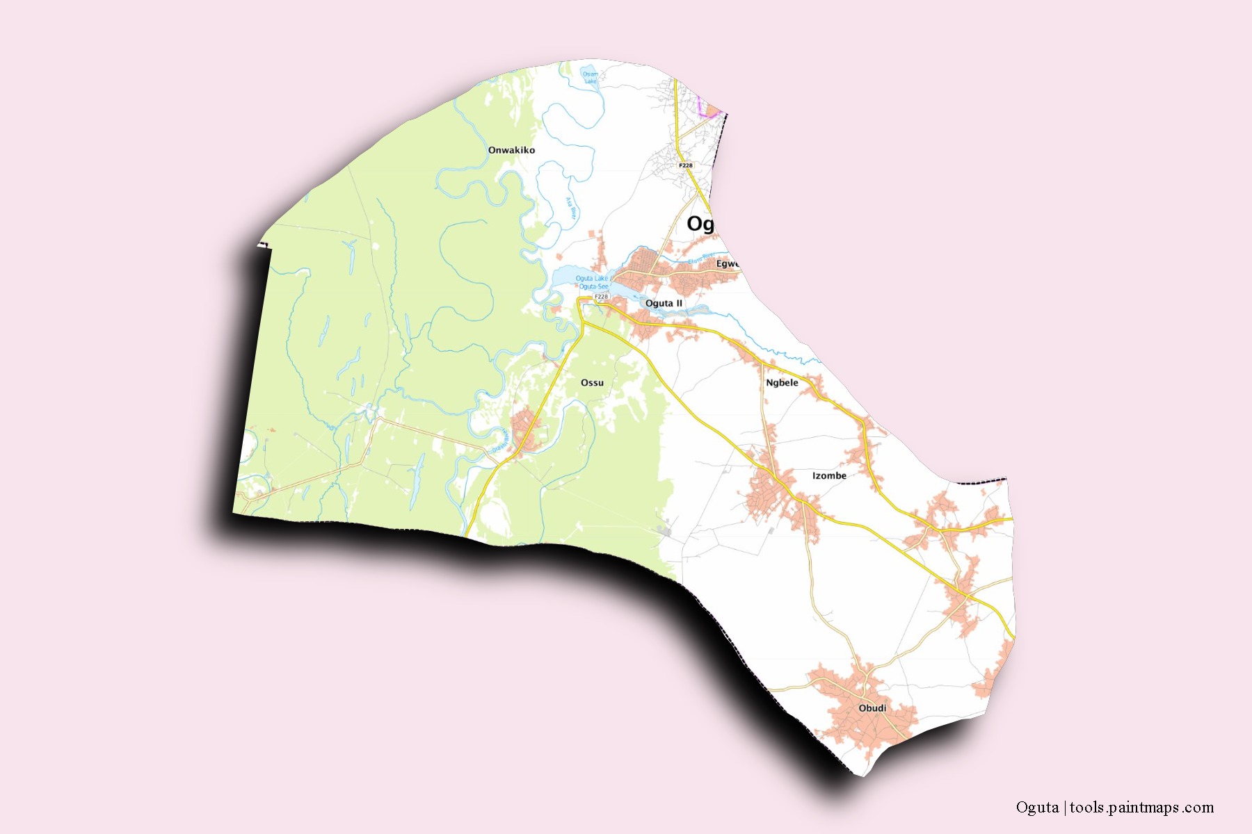 Mapa de barrios y pueblos de Oguta con efecto de sombra 3D