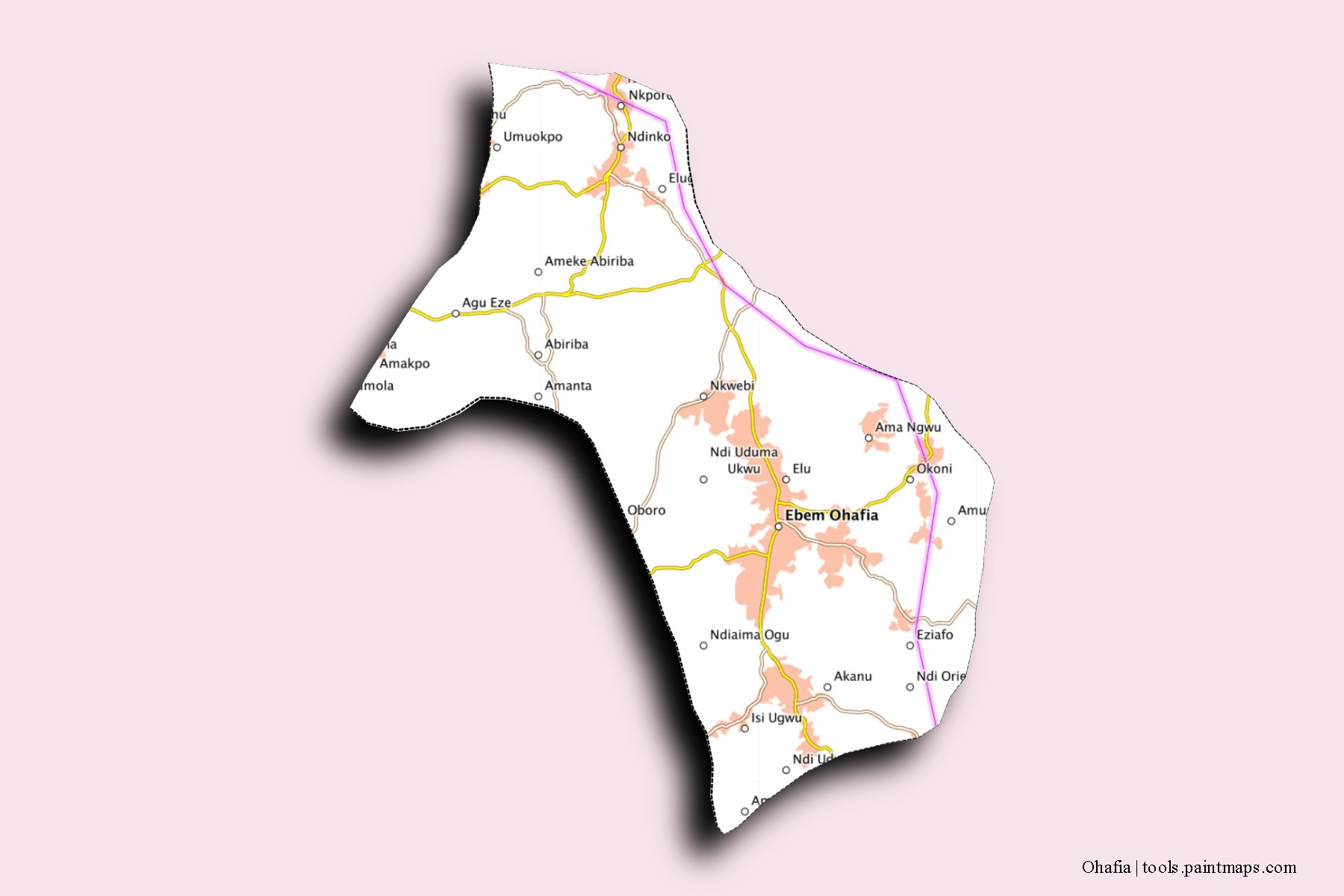 Mapa de barrios y pueblos de Ohafia con efecto de sombra 3D