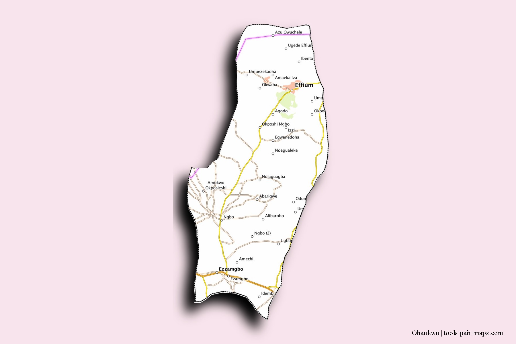 Mapa de barrios y pueblos de Ohaukwu con efecto de sombra 3D