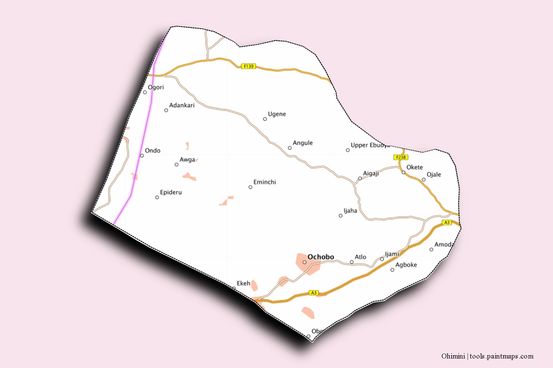 Mapa de barrios y pueblos de Ohimini con efecto de sombra 3D