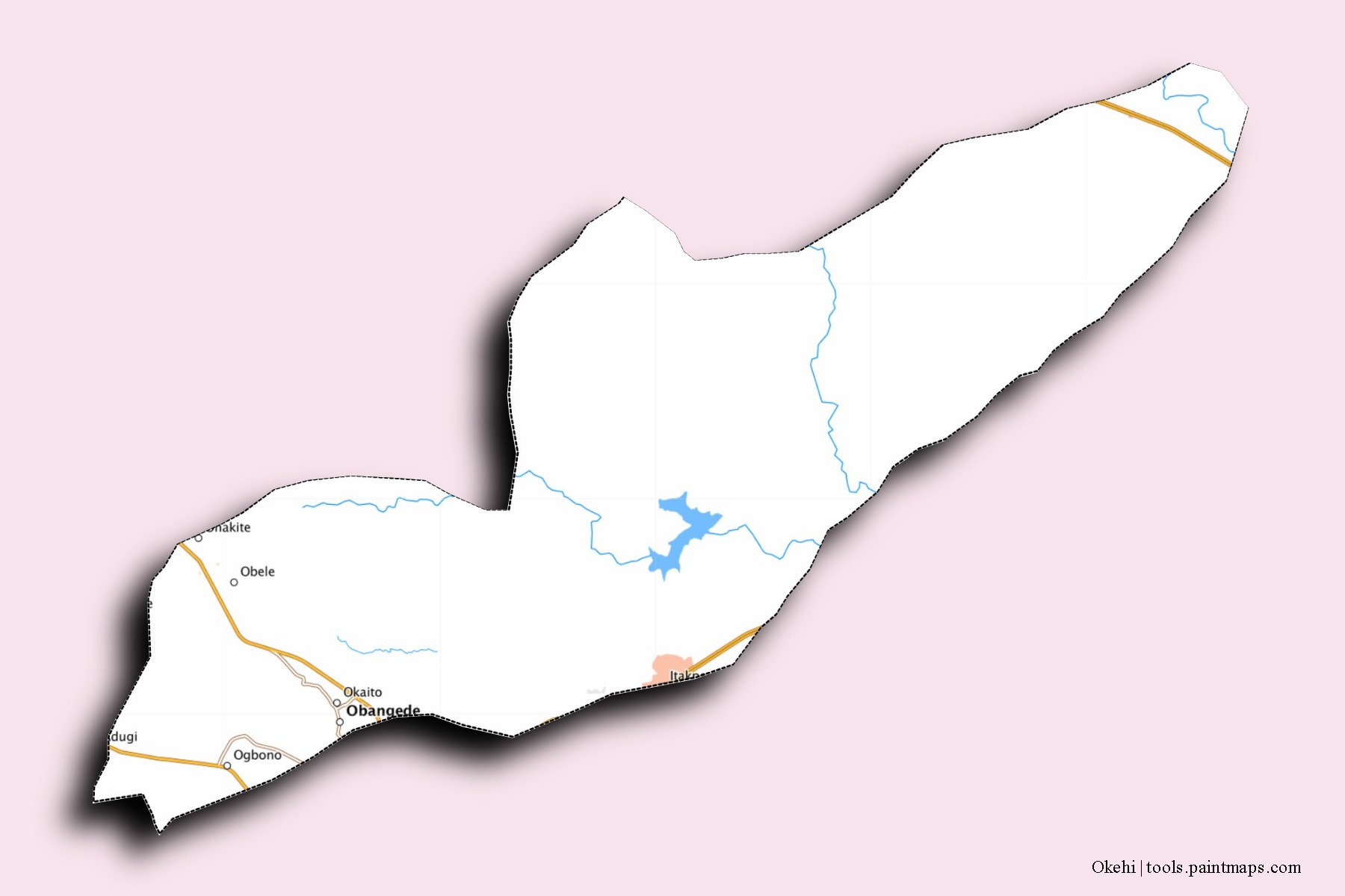 Mapa de barrios y pueblos de Okehi con efecto de sombra 3D