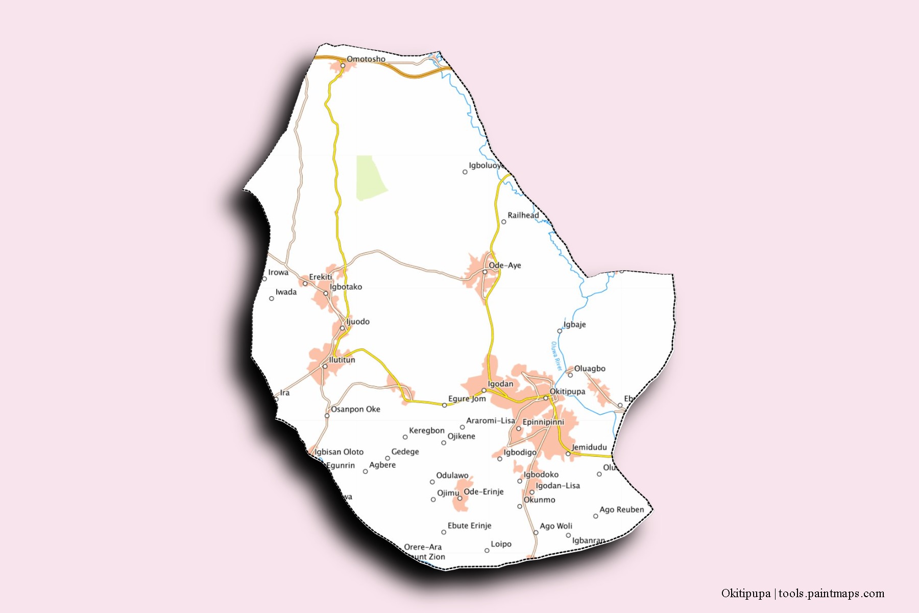 3D gölge efektli Okitipupa mahalleleri ve köyleri haritası