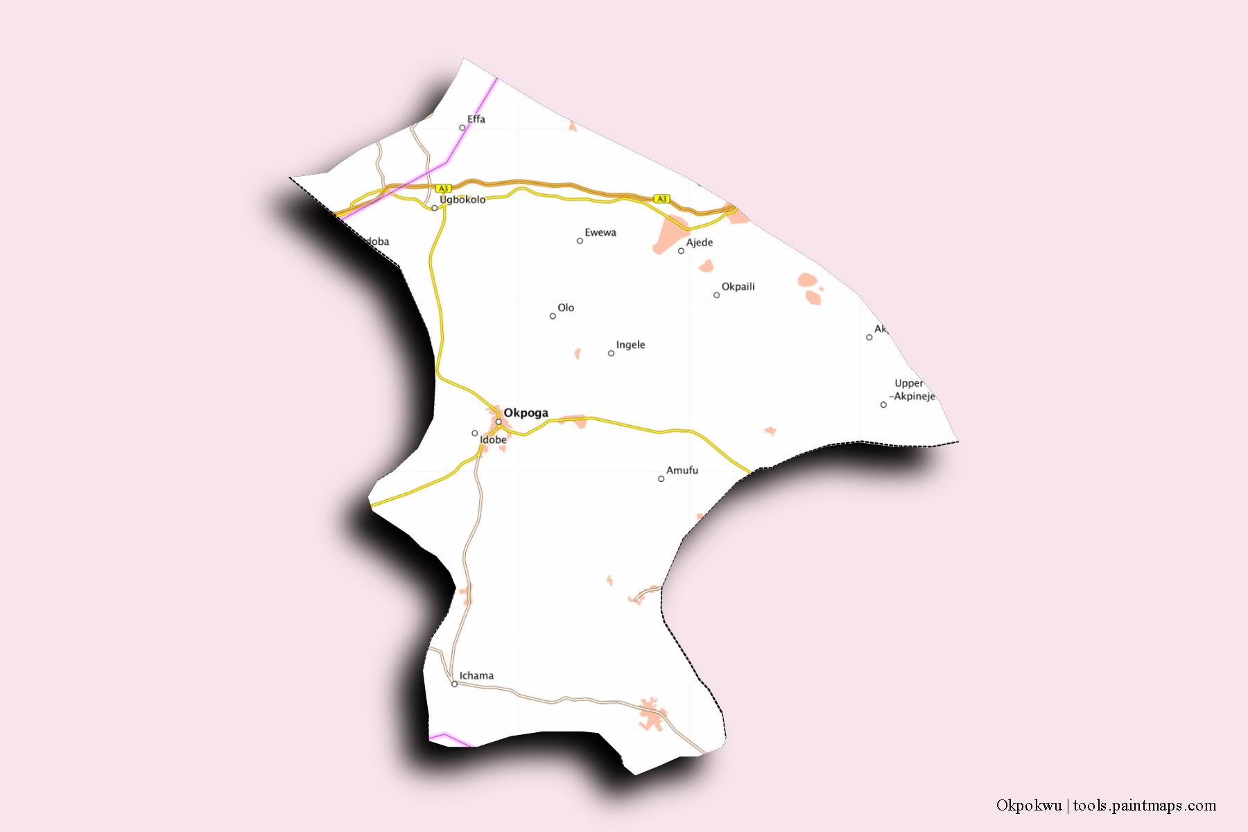 Mapa de barrios y pueblos de Okpokwu con efecto de sombra 3D