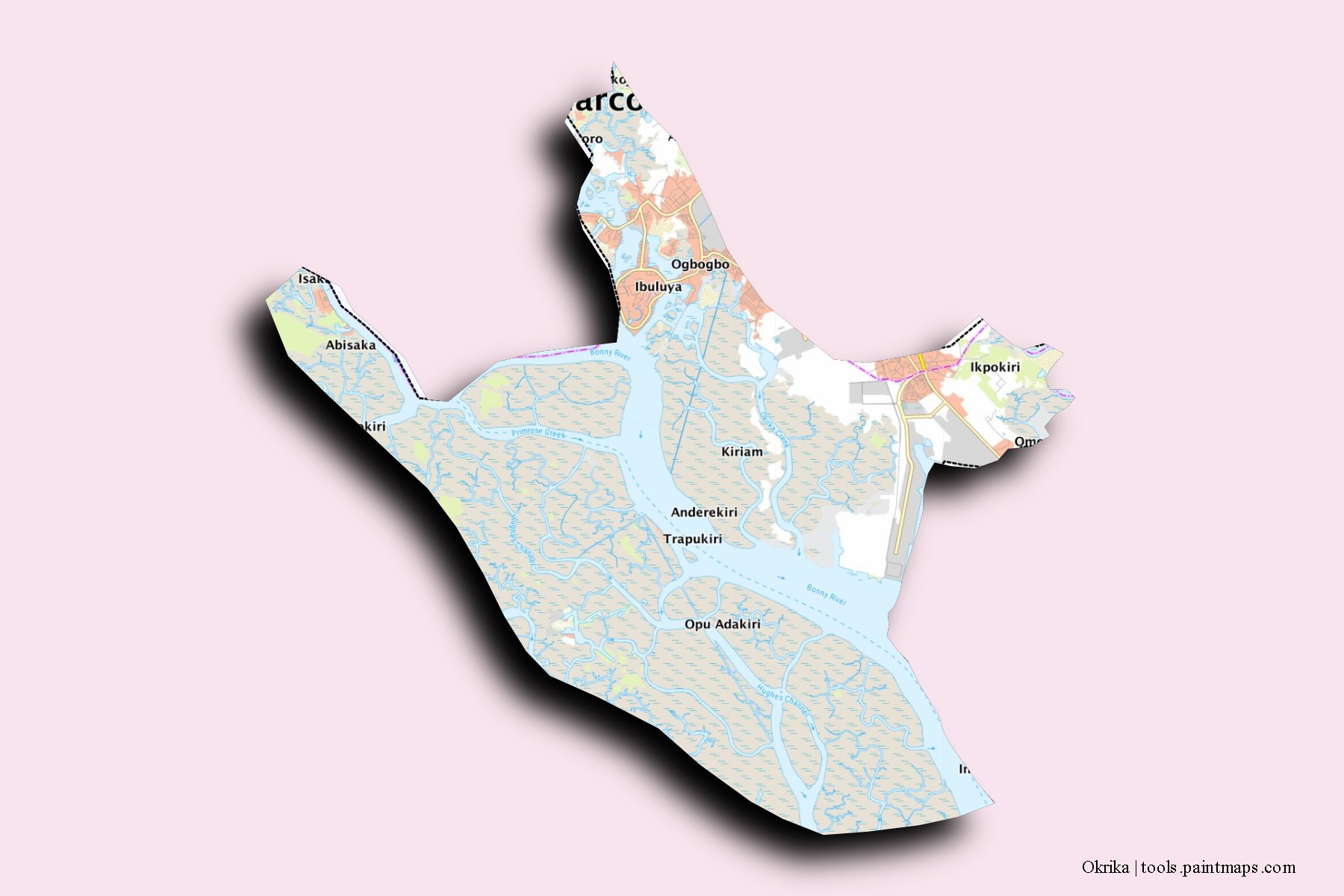 Okrika neighborhoods and villages map with 3D shadow effect