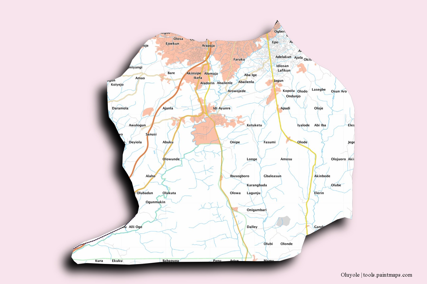 Oluyole neighborhoods and villages map with 3D shadow effect