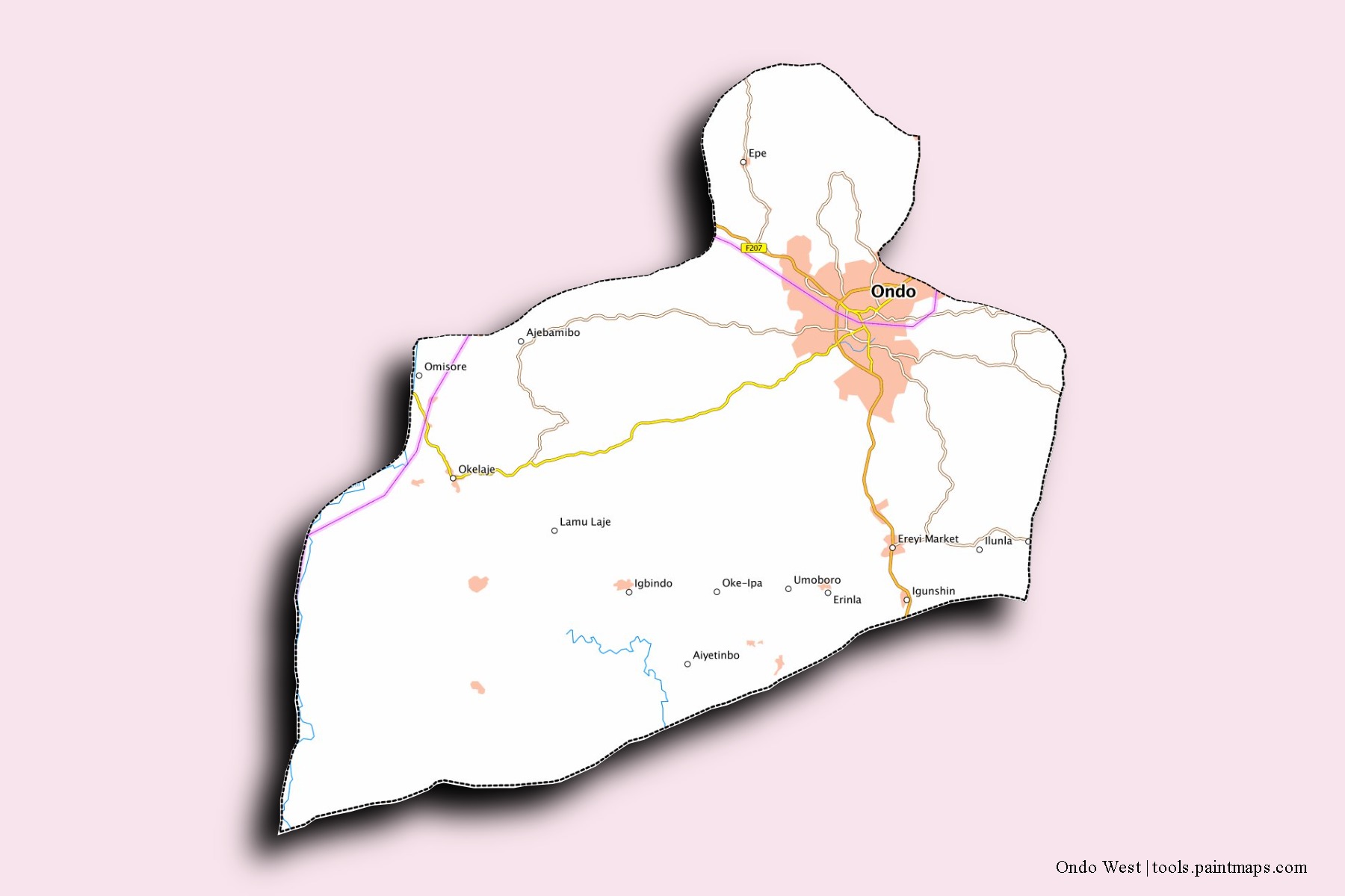 Mapa de barrios y pueblos de Ondo West con efecto de sombra 3D