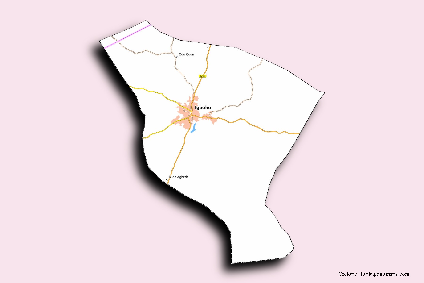 Mapa de barrios y pueblos de Orelope con efecto de sombra 3D