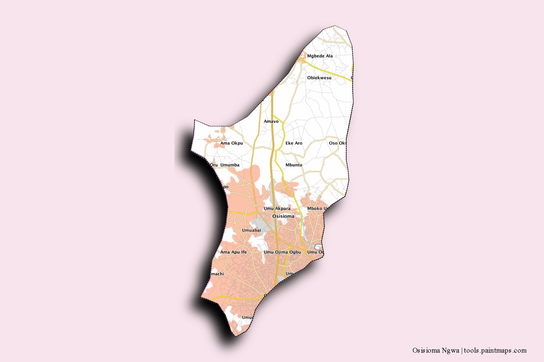 3D gölge efektli Osisioma Ngwa mahalleleri ve köyleri haritası