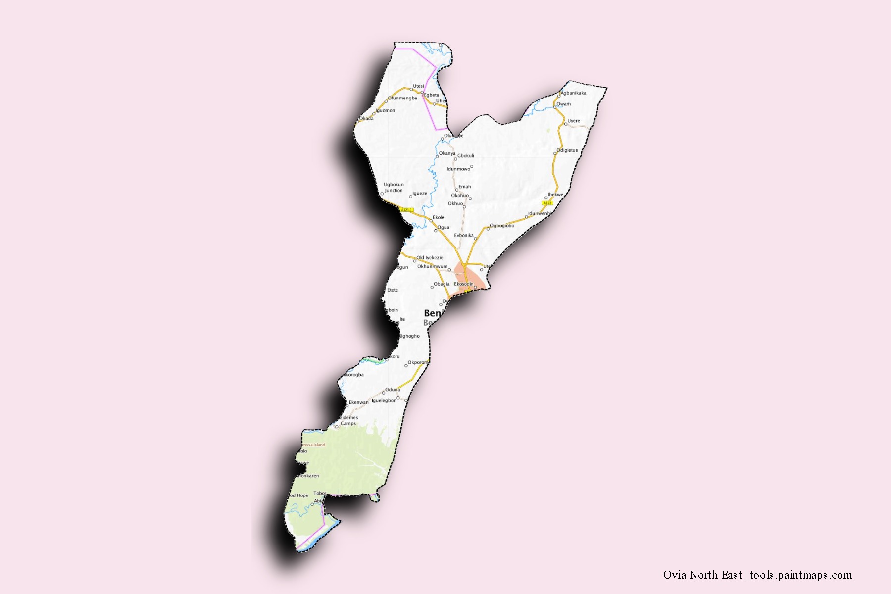 Mapa de barrios y pueblos de Ovia North East con efecto de sombra 3D