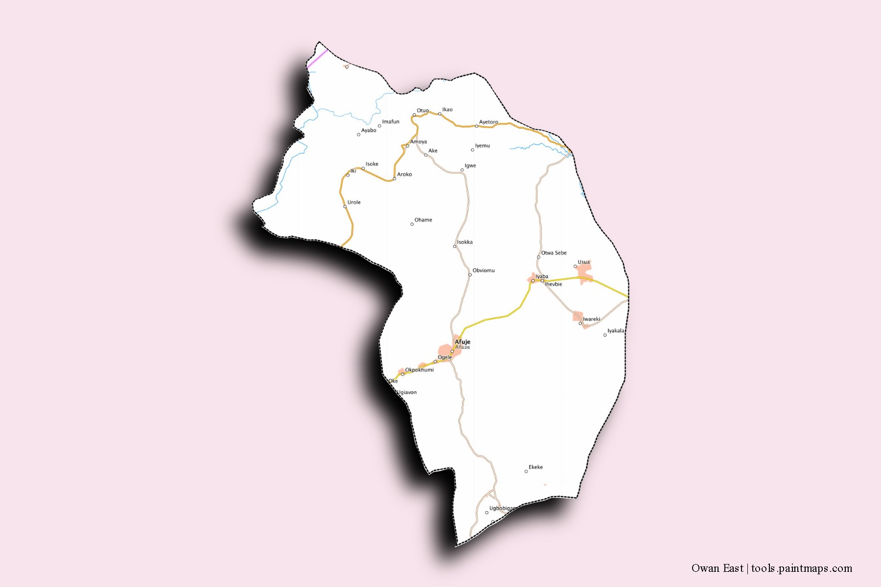 Mapa de barrios y pueblos de Owan East con efecto de sombra 3D