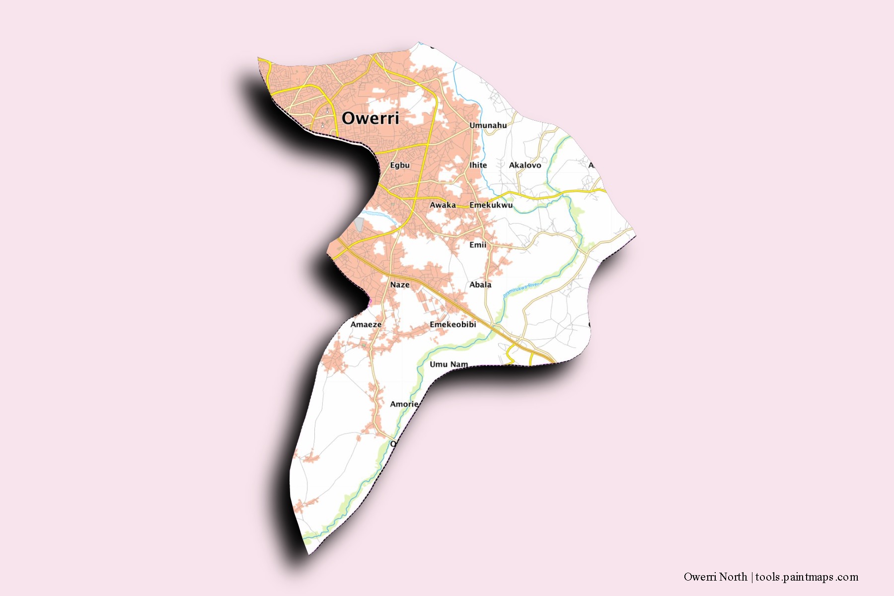 Owerri North neighborhoods and villages map with 3D shadow effect