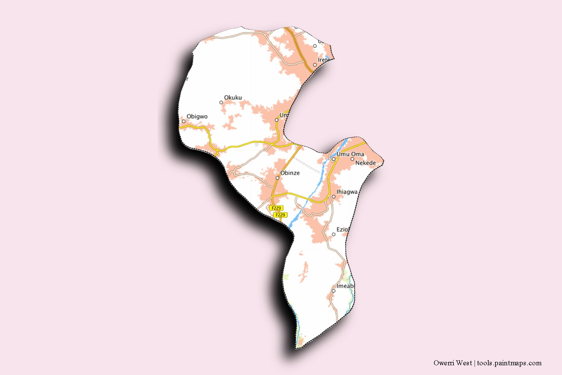 Owerri West neighborhoods and villages map with 3D shadow effect