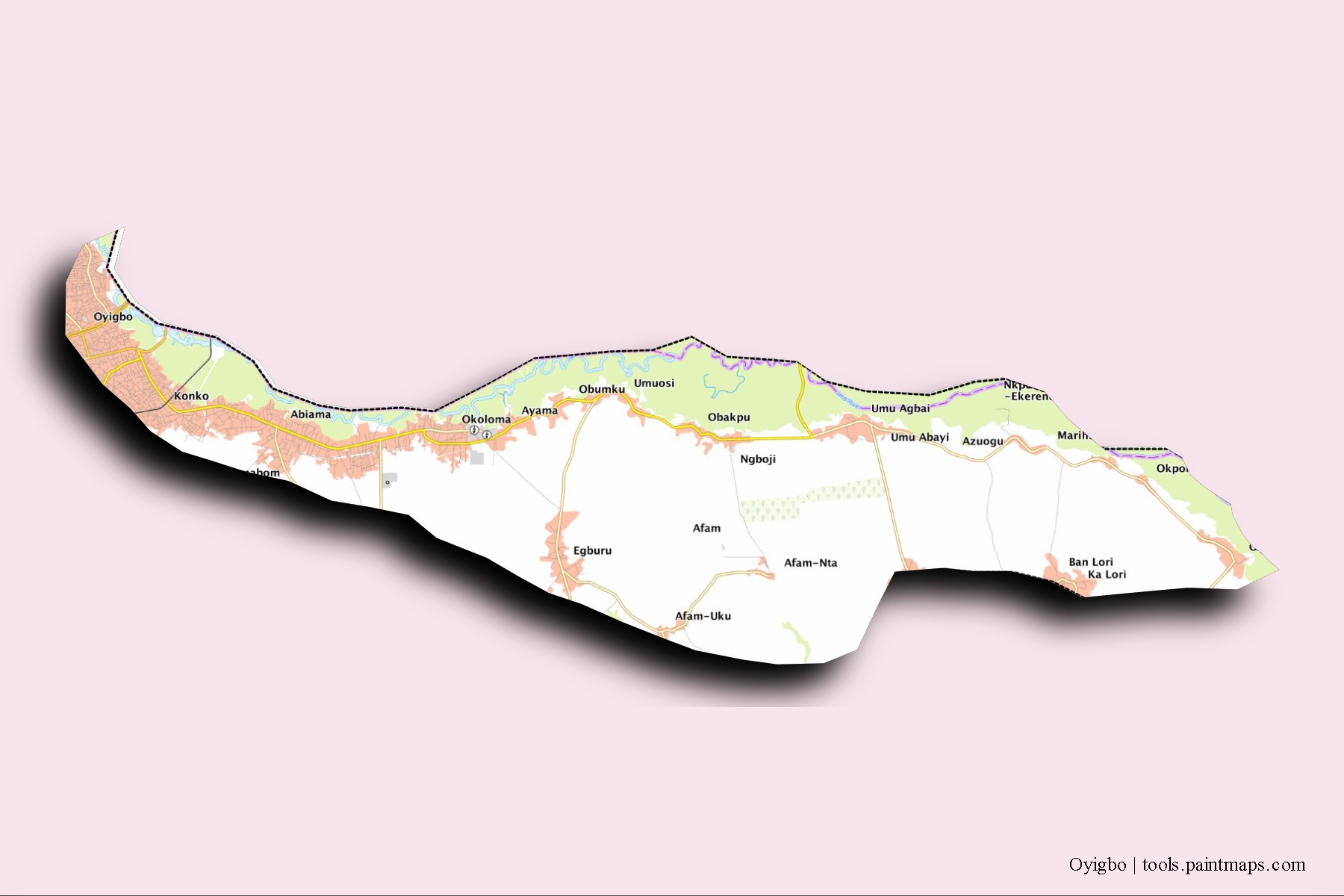 Mapa de barrios y pueblos de Oyigbo con efecto de sombra 3D