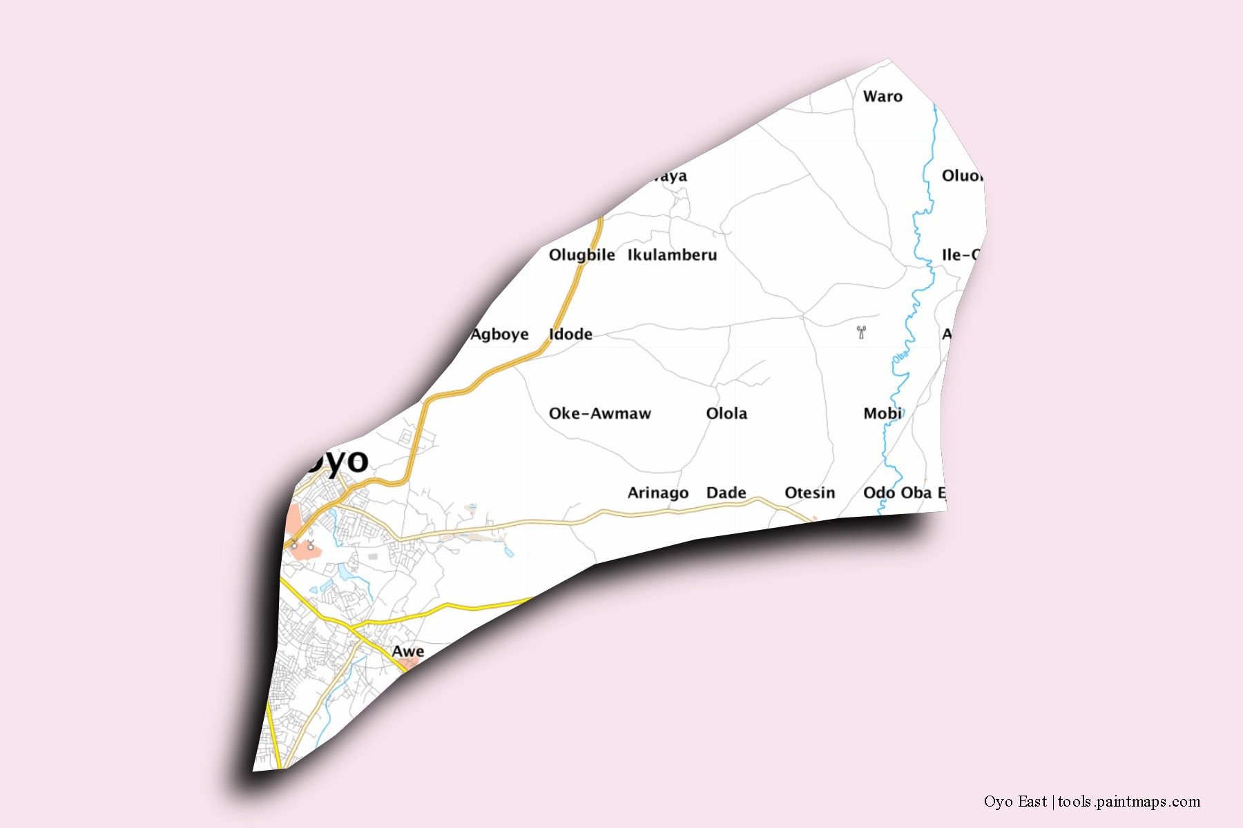 Mapa de barrios y pueblos de Oyo East con efecto de sombra 3D