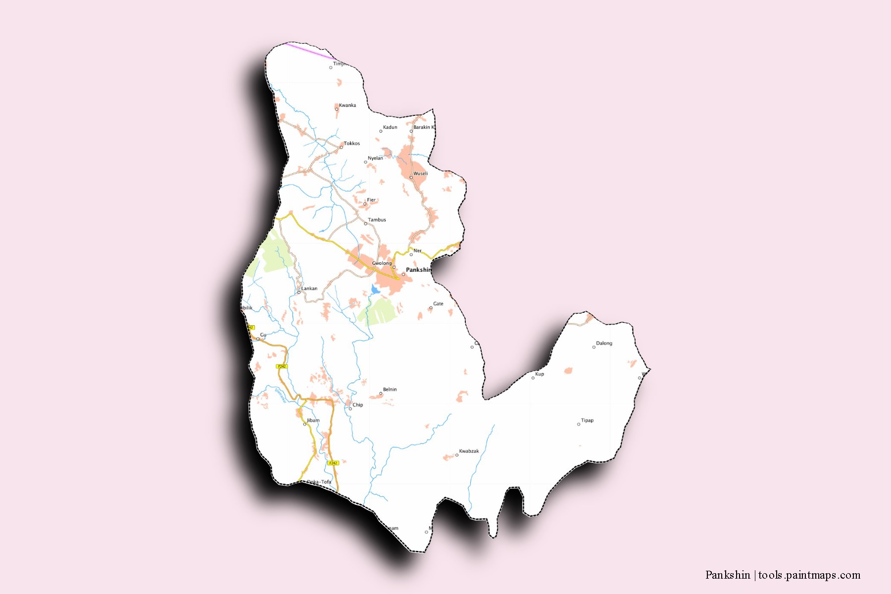 Pankshin neighborhoods and villages map with 3D shadow effect