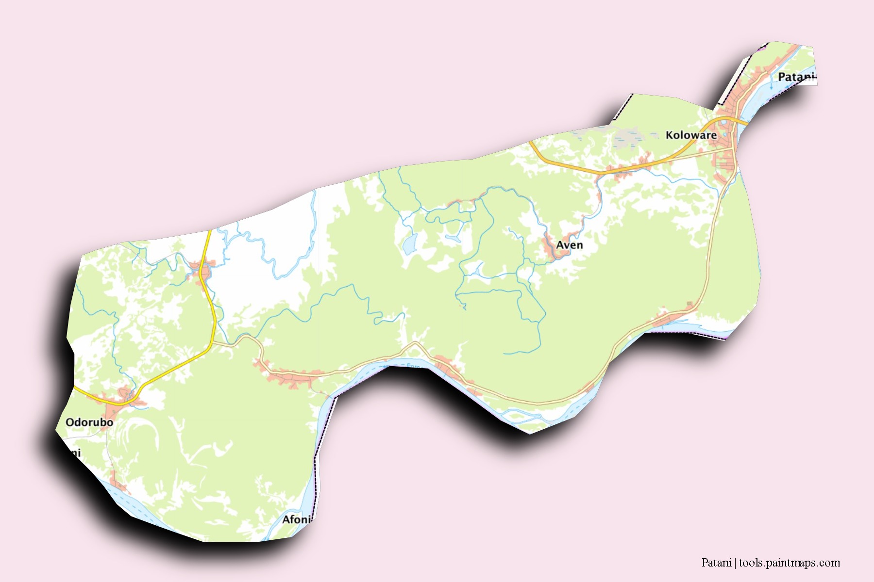 Patani neighborhoods and villages map with 3D shadow effect