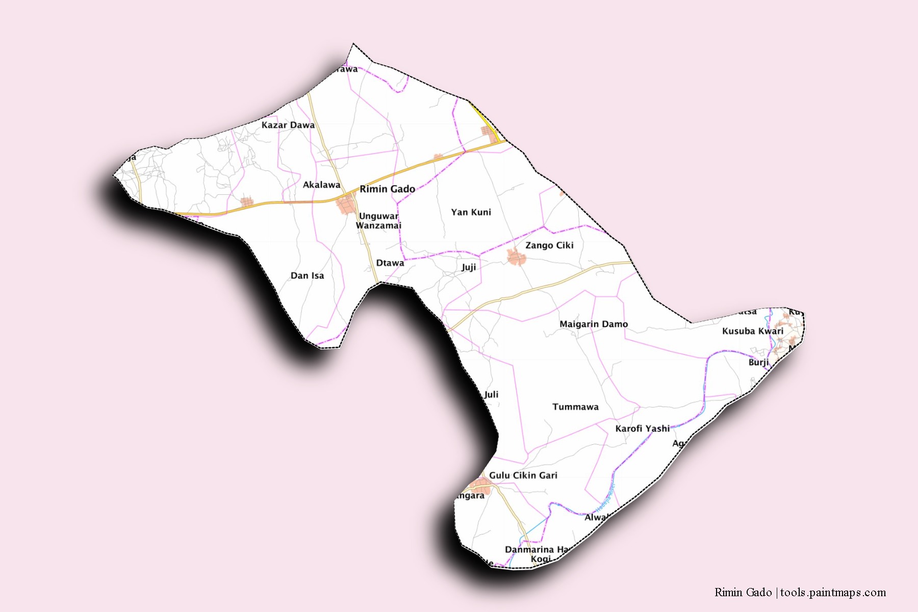 Rimin Gado neighborhoods and villages map with 3D shadow effect