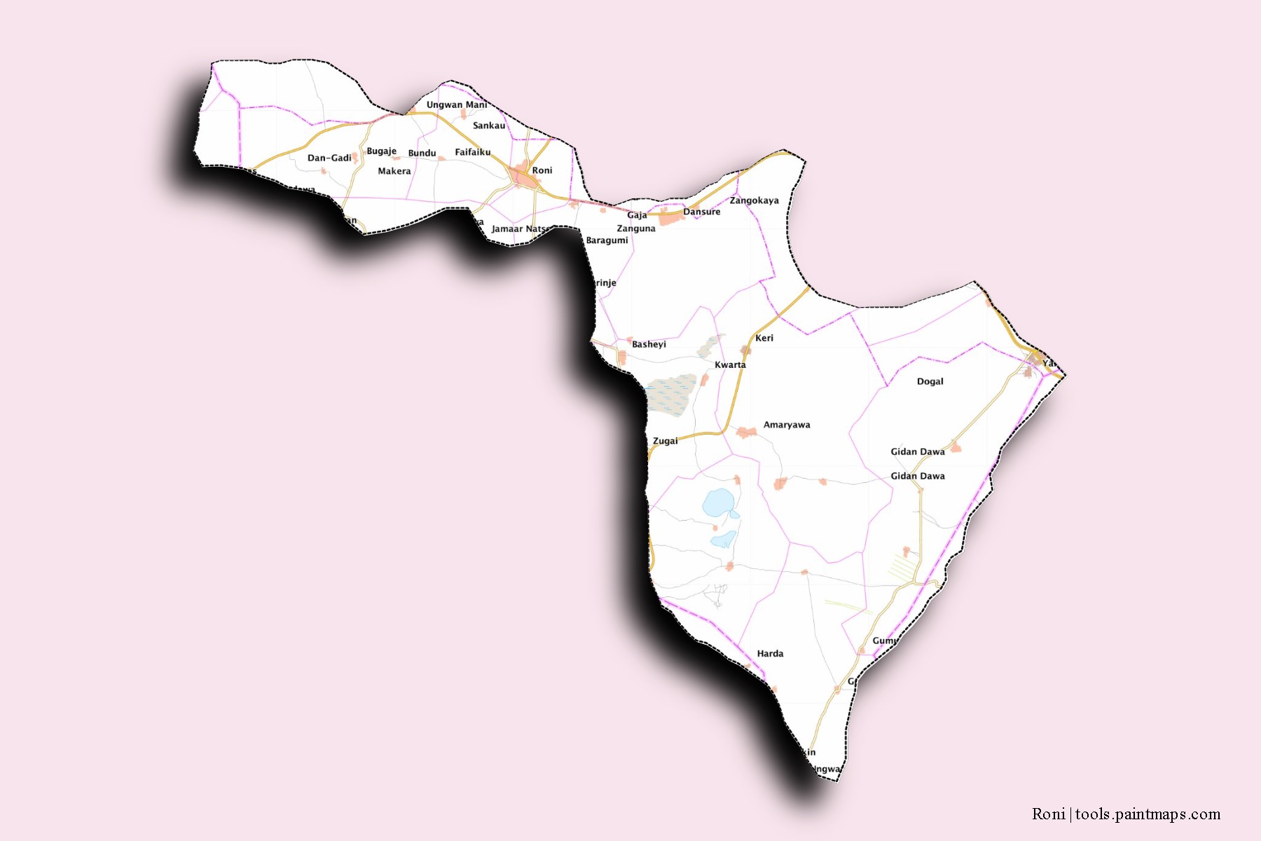 Mapa de barrios y pueblos de Roni con efecto de sombra 3D