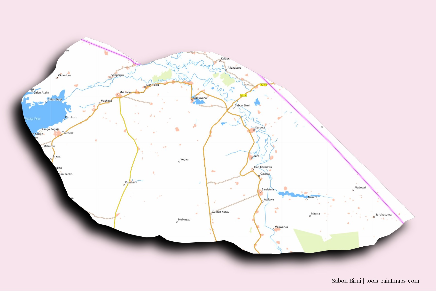 Mapa de barrios y pueblos de Sabon Birni con efecto de sombra 3D