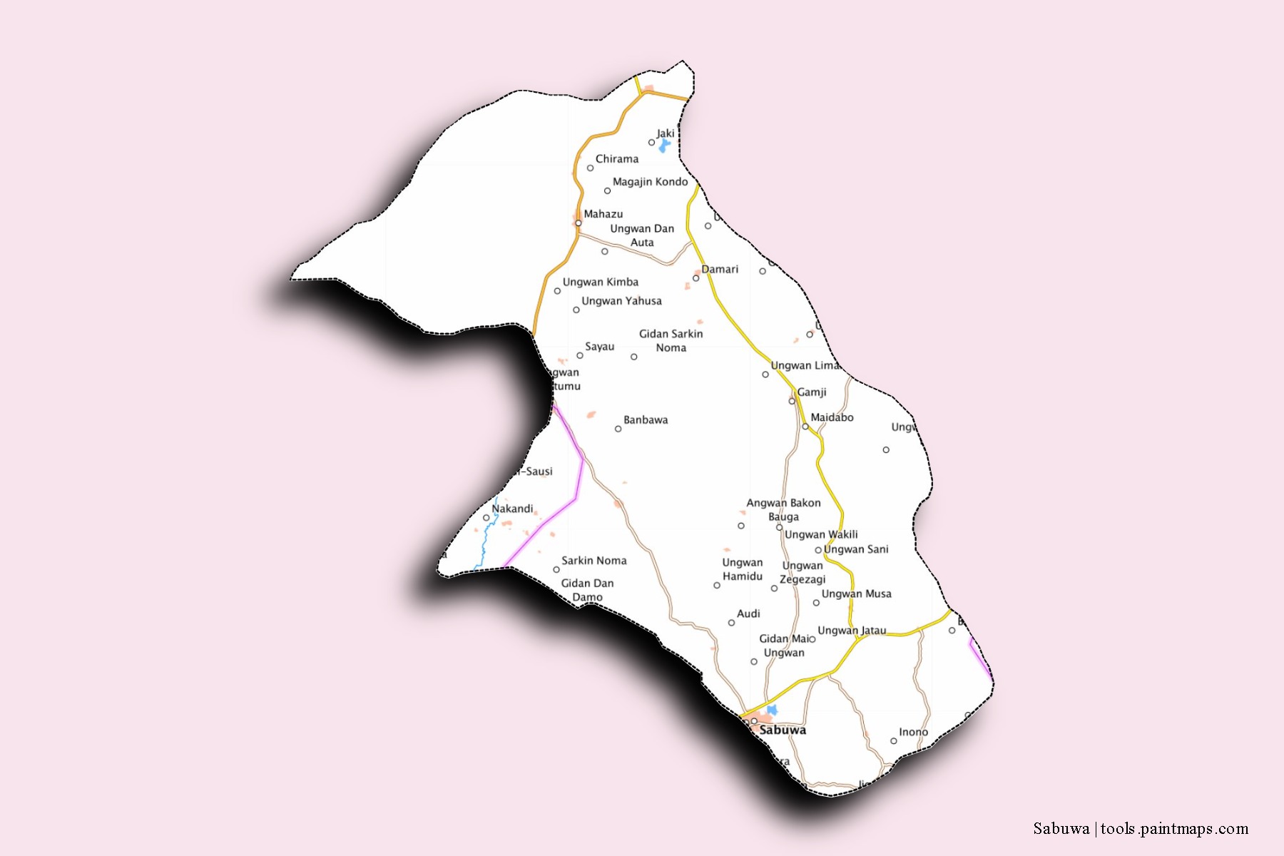 Mapa de barrios y pueblos de Sabuwa con efecto de sombra 3D