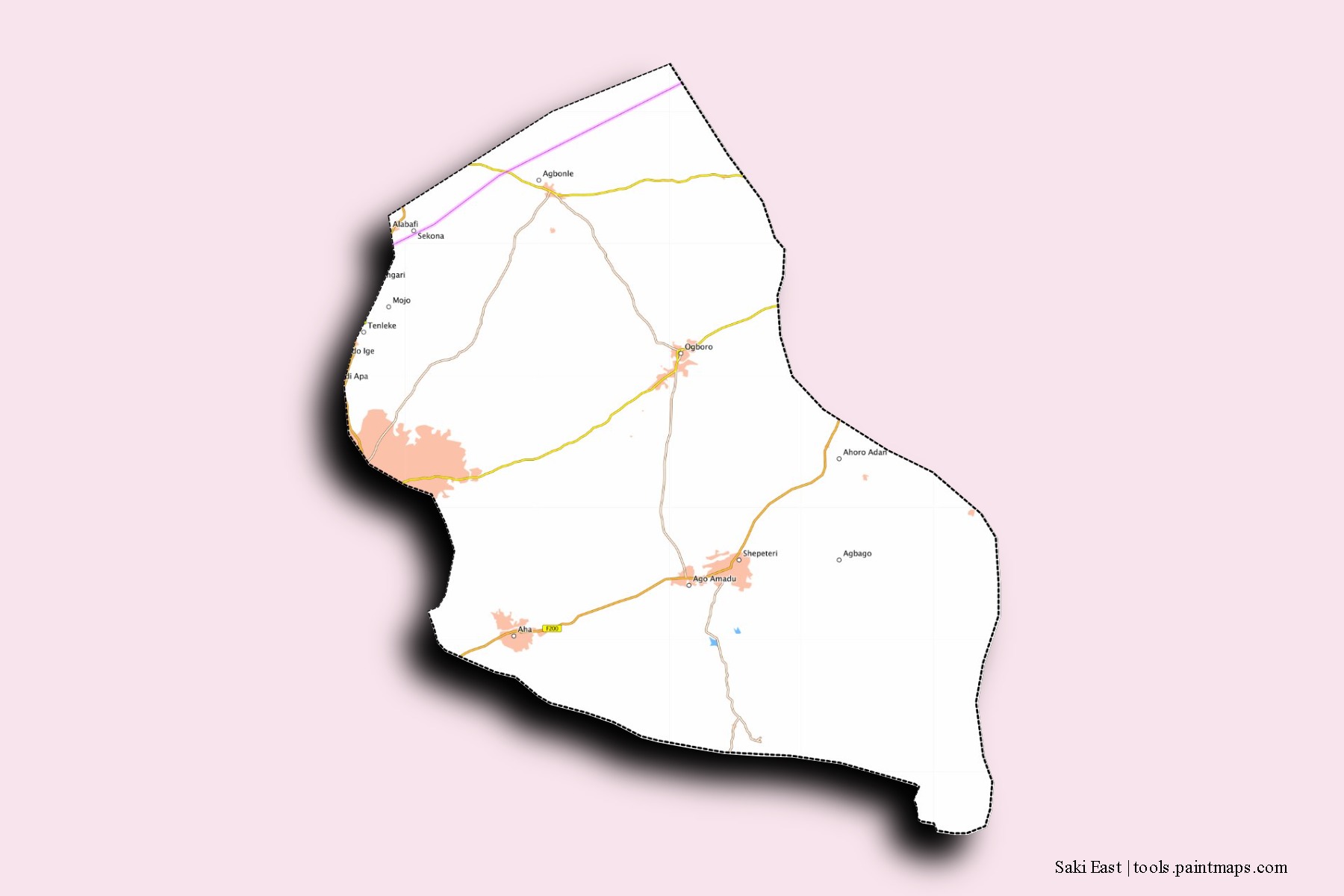 Mapa de barrios y pueblos de Saki East con efecto de sombra 3D