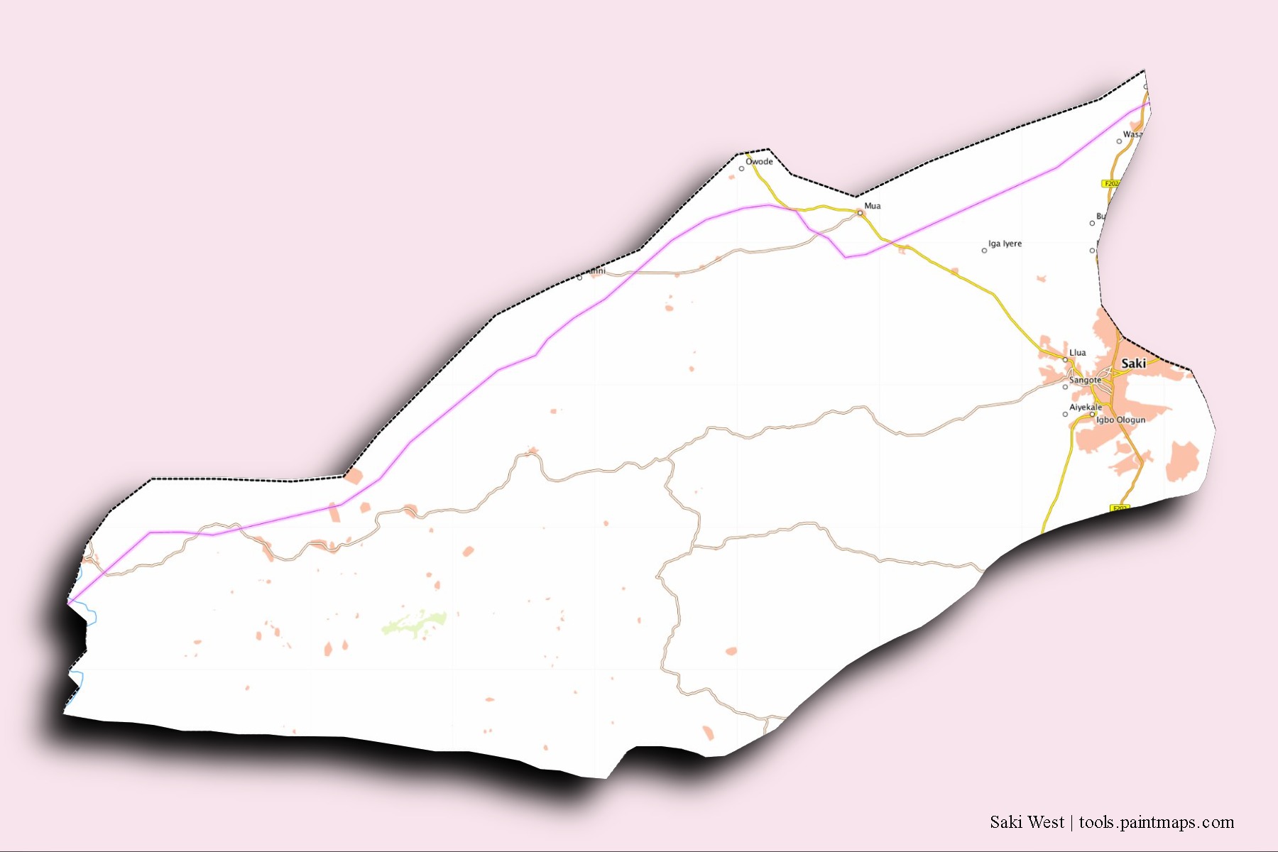 Saki West neighborhoods and villages map with 3D shadow effect