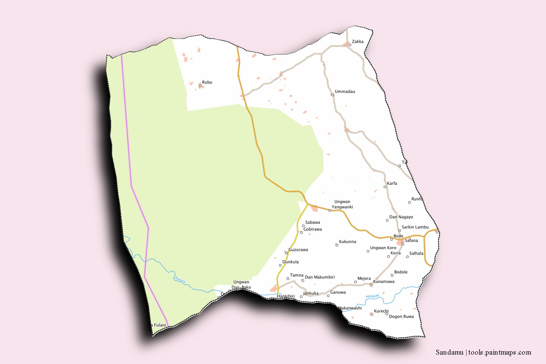 Mapa de barrios y pueblos de Sandamu con efecto de sombra 3D