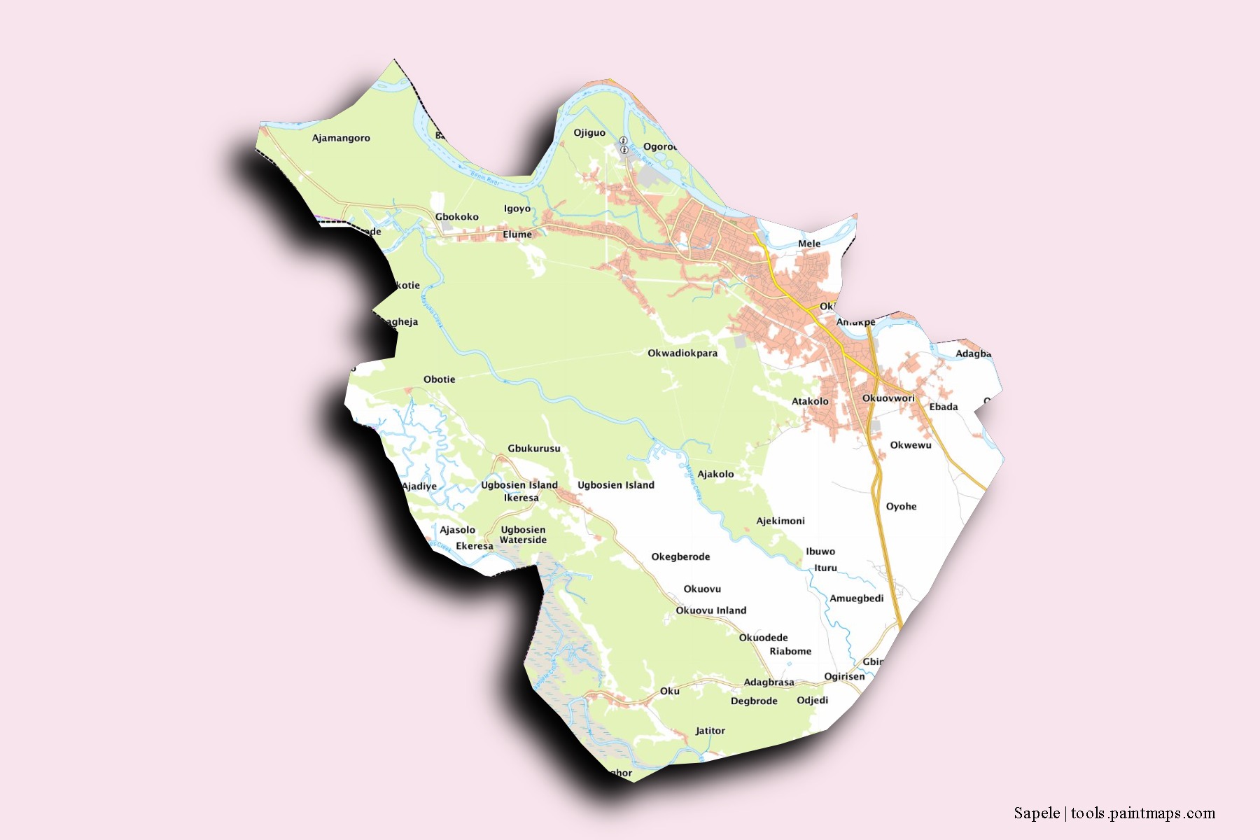 Mapa de barrios y pueblos de Sapele con efecto de sombra 3D