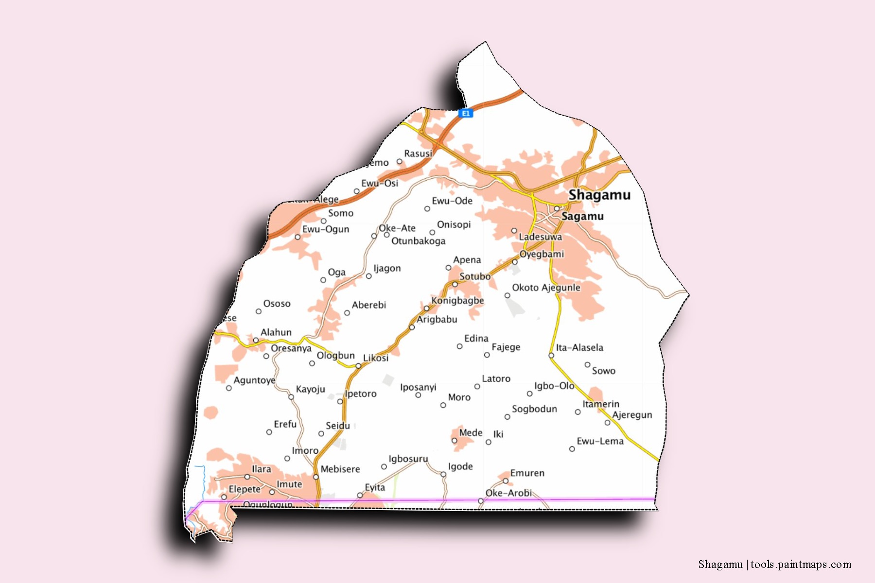 Mapa de barrios y pueblos de Shagamu con efecto de sombra 3D