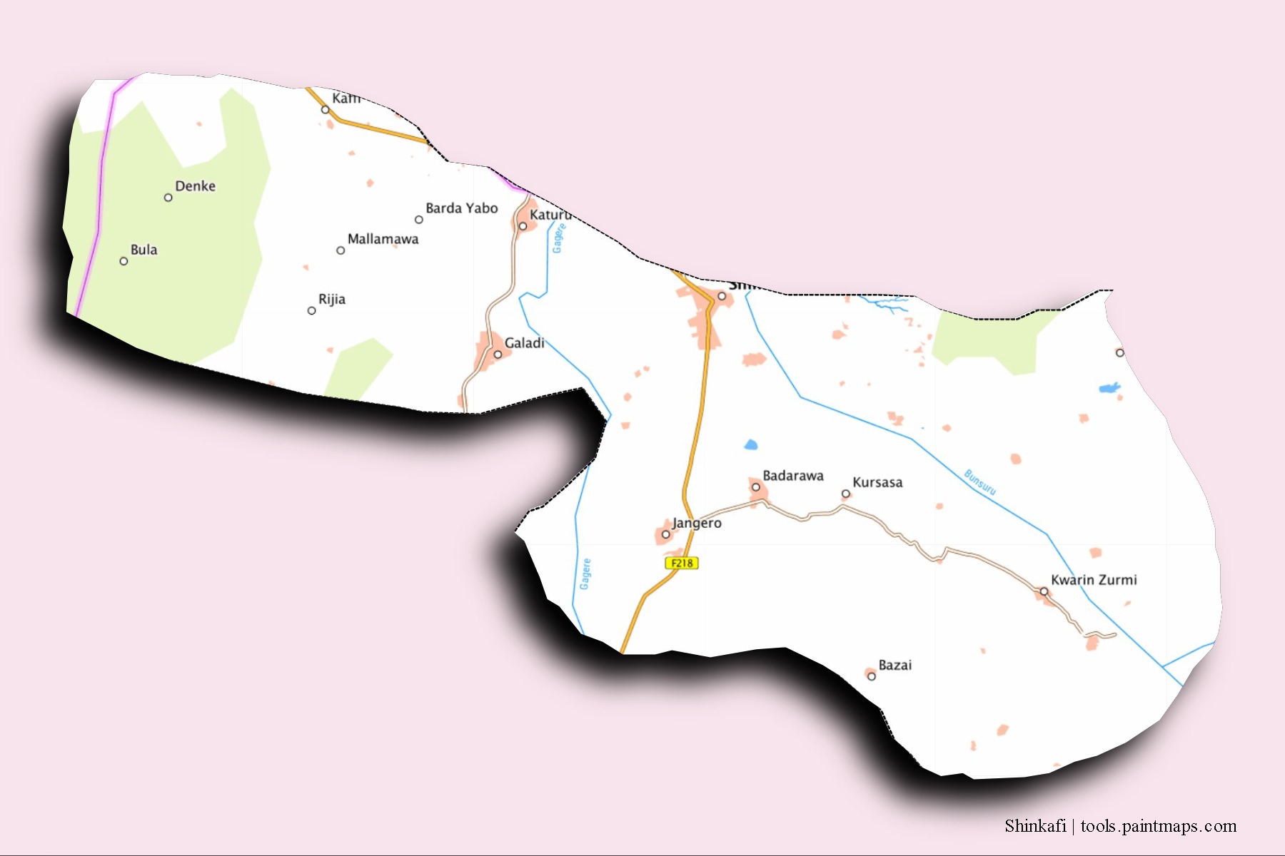 Shinkafi neighborhoods and villages map with 3D shadow effect