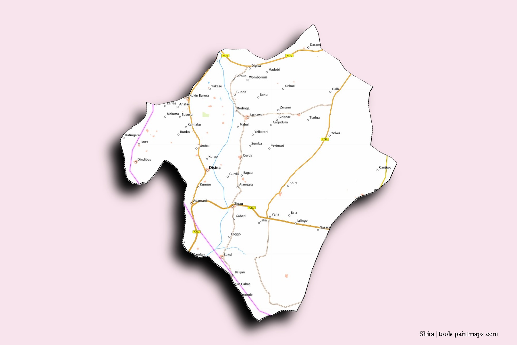 Mapa de barrios y pueblos de Shira con efecto de sombra 3D