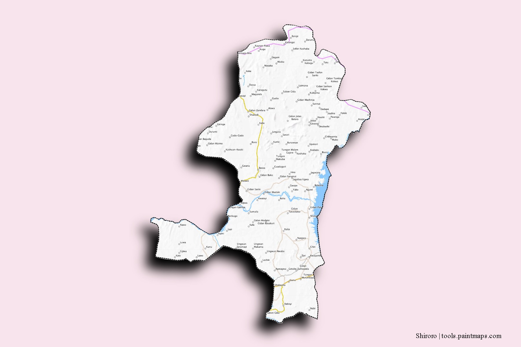 Mapa de barrios y pueblos de Shiroro con efecto de sombra 3D