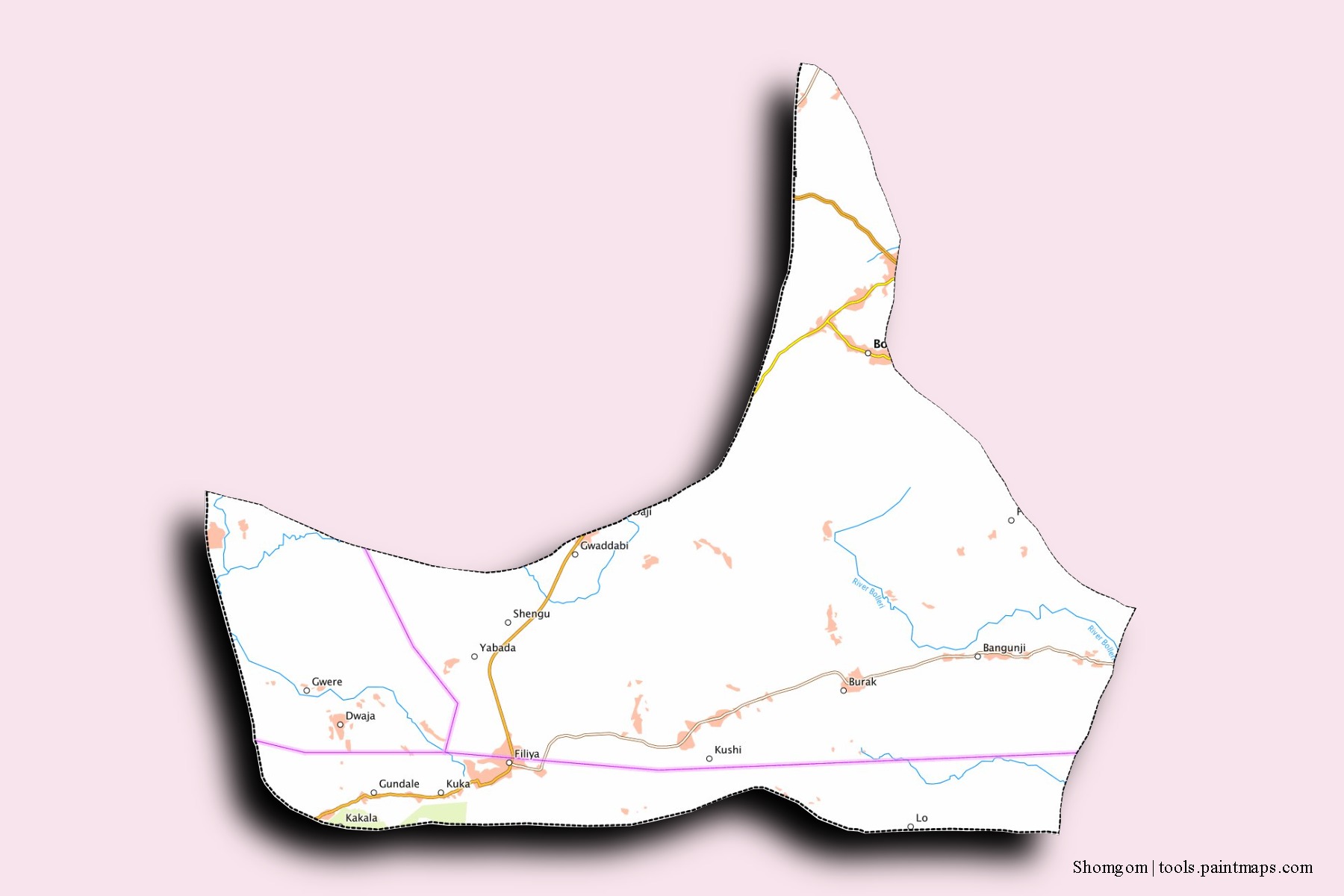 Mapa de barrios y pueblos de Shomgom con efecto de sombra 3D