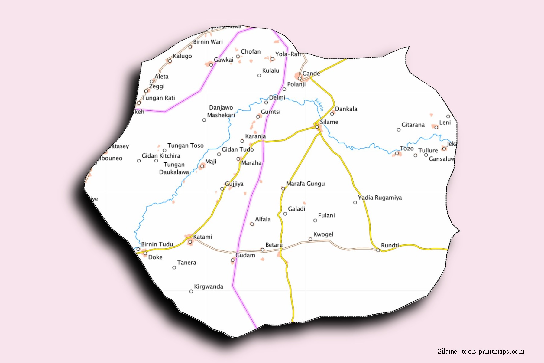 Mapa de barrios y pueblos de Silame con efecto de sombra 3D